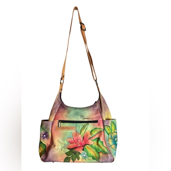 Anna by Anuschka Hand Painted Leather Floral Hobo Shoulder Bag Boho - Picture 2 of 11